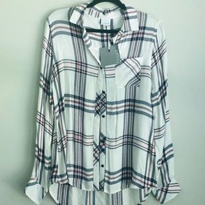 Kenar white, blue and red plaid button down shirt.